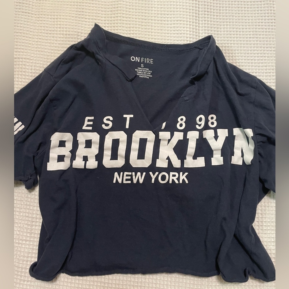 On Fire Navy Graphic Tee with White Brooklyn Print